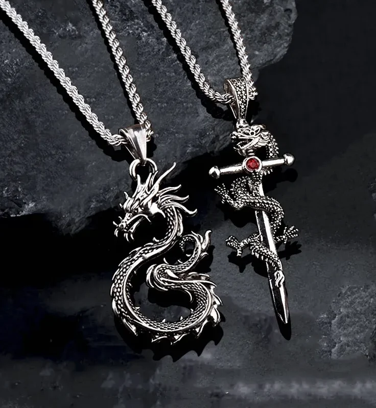 Fashion Jewelry Dragon Sword Pendant Necklace Paved Black Color Jewelry For Men Boy Christmas Gifts