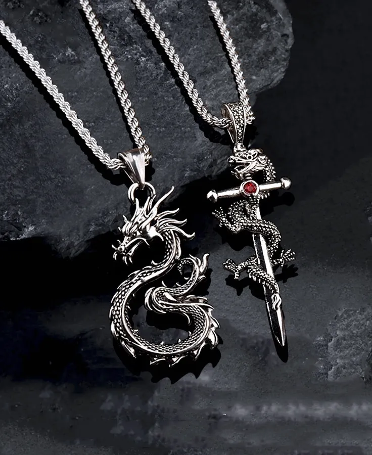 Fashion Jewelry Dragon Sword Pendant Necklace Paved Black Color Jewelry For Men Boy Christmas Gifts